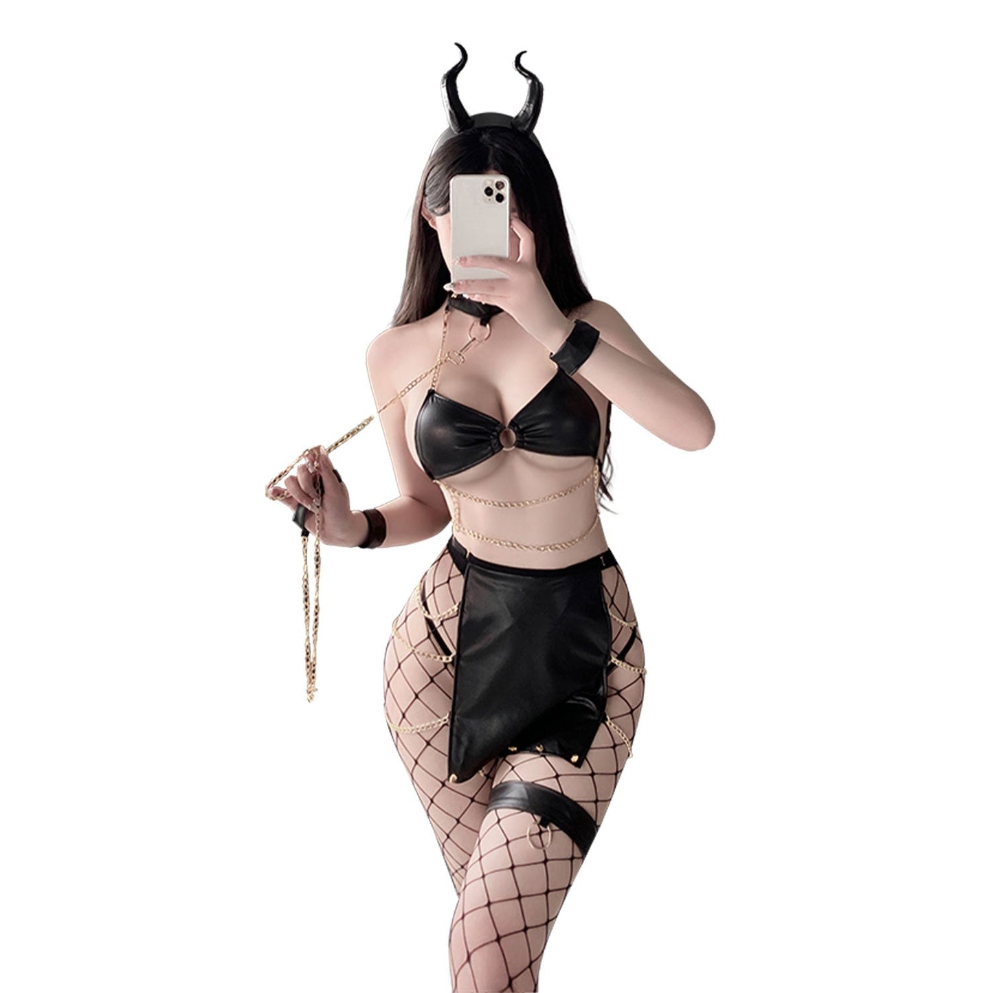 Fee Et Moi - Daring Black Leather Chain Lingerie Set One Size