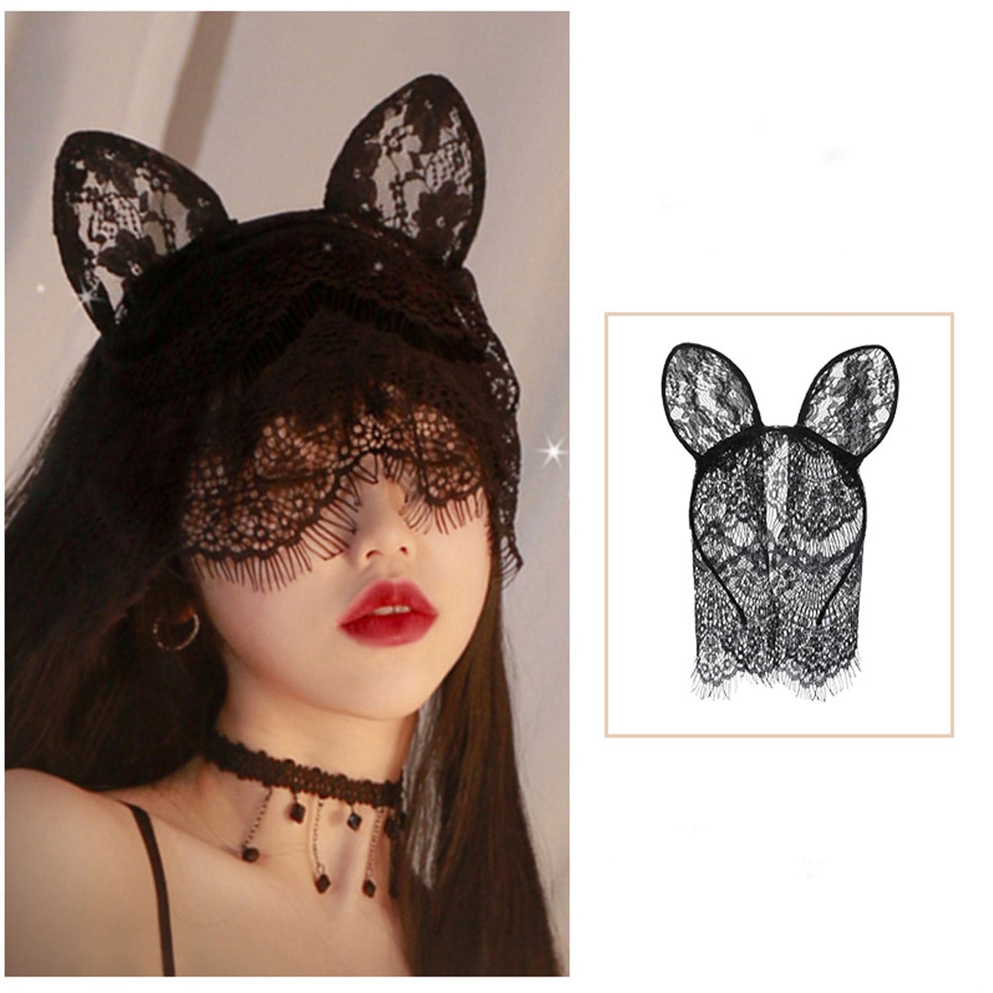 Fee Et Moi - Seductive Lace Cat Ears Veil Mask Black