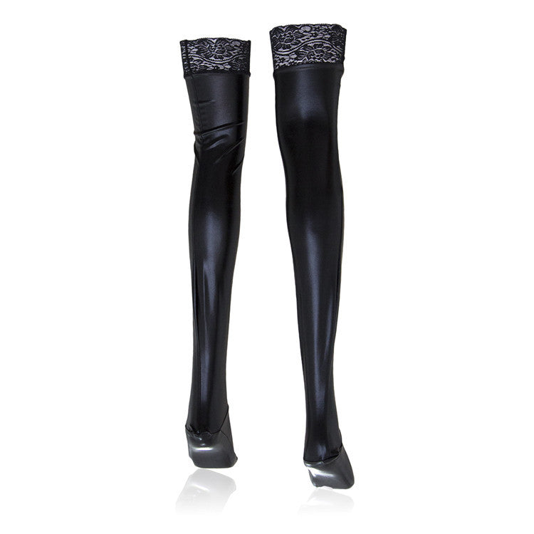 The Horny Company - Black Dragon Faux Leather Stockings With Anti-slip Lace Trim Small/Medium