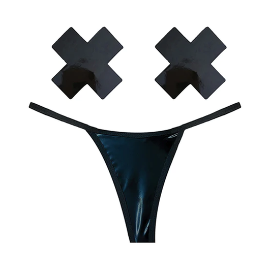 Neva Nude - Naughty Knix Dom Squad Wet Vinyl G-String & Pasties O/S Black