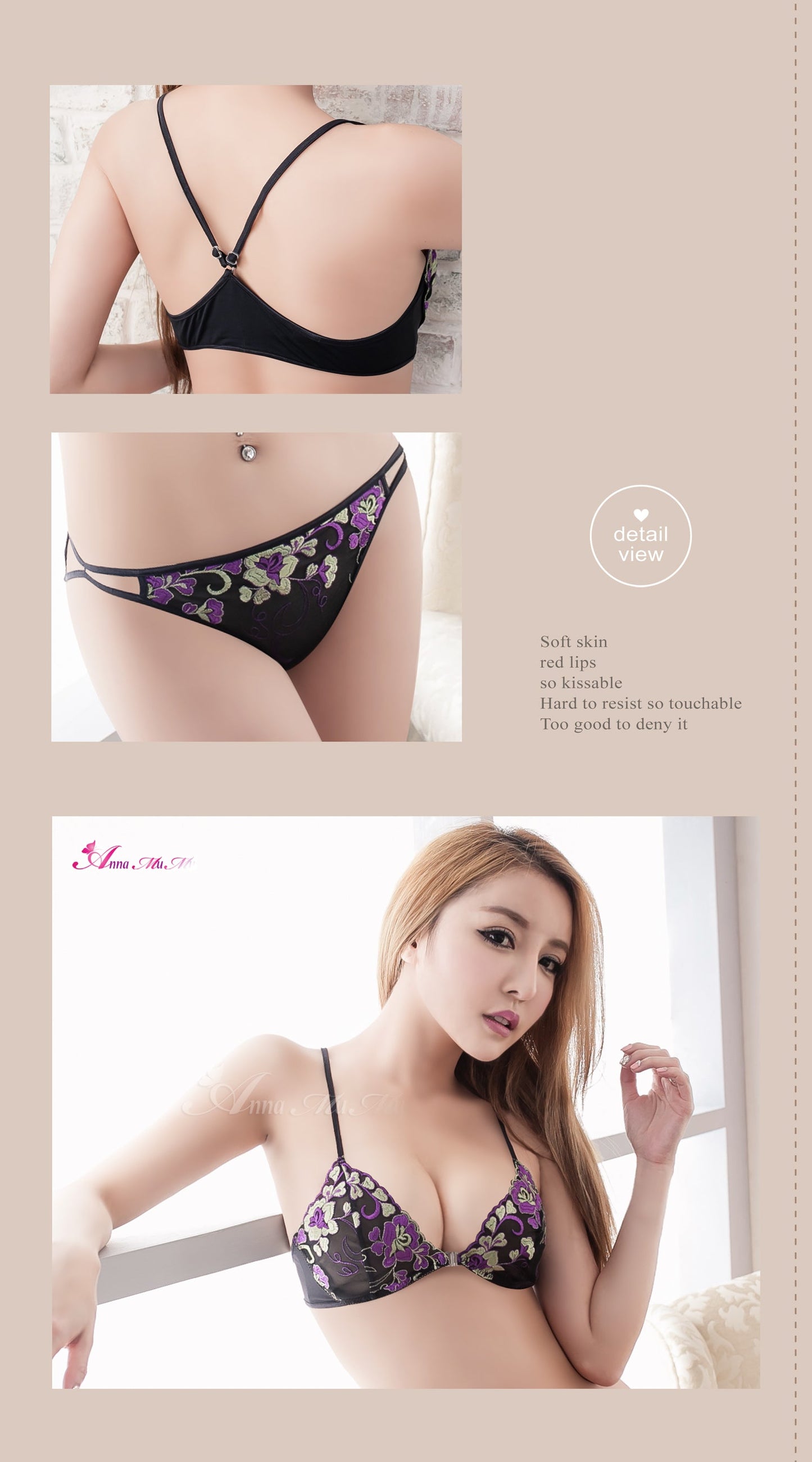 Anna Mu - Full-Bosomed Embroidery Bikini Bra Set Emily Black