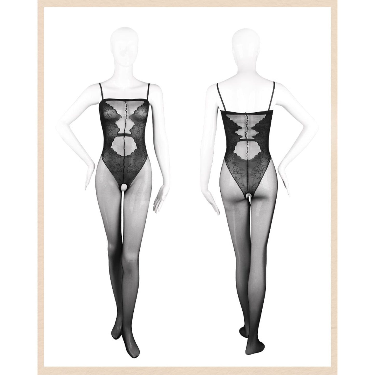 Fee Et Moi - Enchanted Floral Lace Sheer Mesh Crotchless High-Cut Bodysuit Black