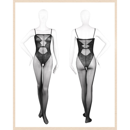 Fee Et Moi - Enchanted Floral Lace Sheer Mesh Crotchless High-Cut Bodysuit Black