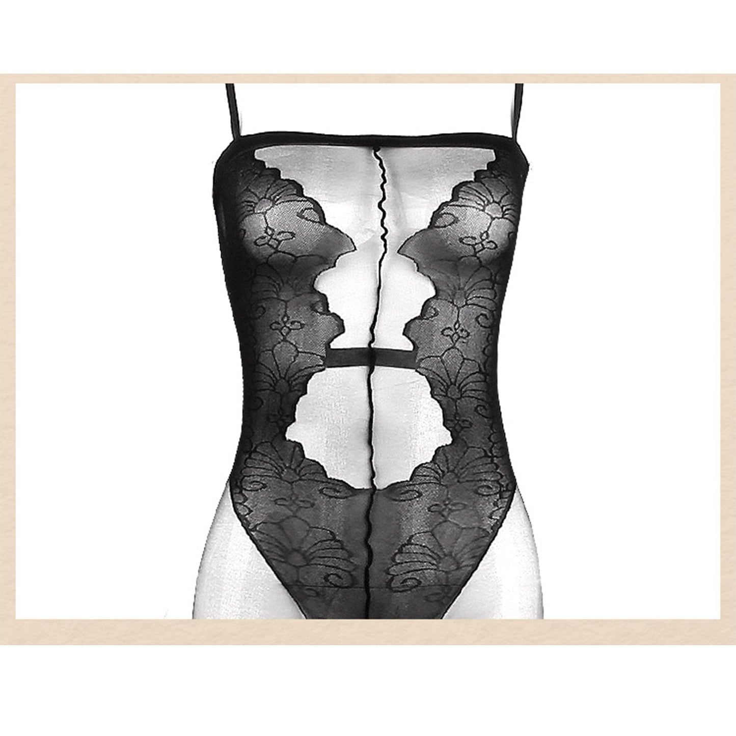 Fee Et Moi - Enchanted Floral Lace Sheer Mesh Crotchless High-Cut Bodysuit Black