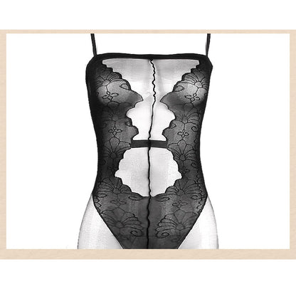 Fee Et Moi - Enchanted Floral Lace Sheer Mesh Crotchless High-Cut Bodysuit Black
