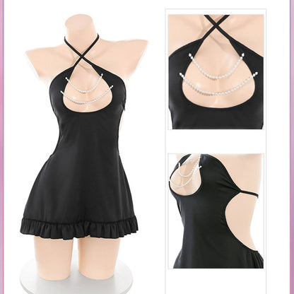 Fee Et Moi - Gaun Tidur Lingerie Potongan Elegan Mutiara Menggoda Hitam