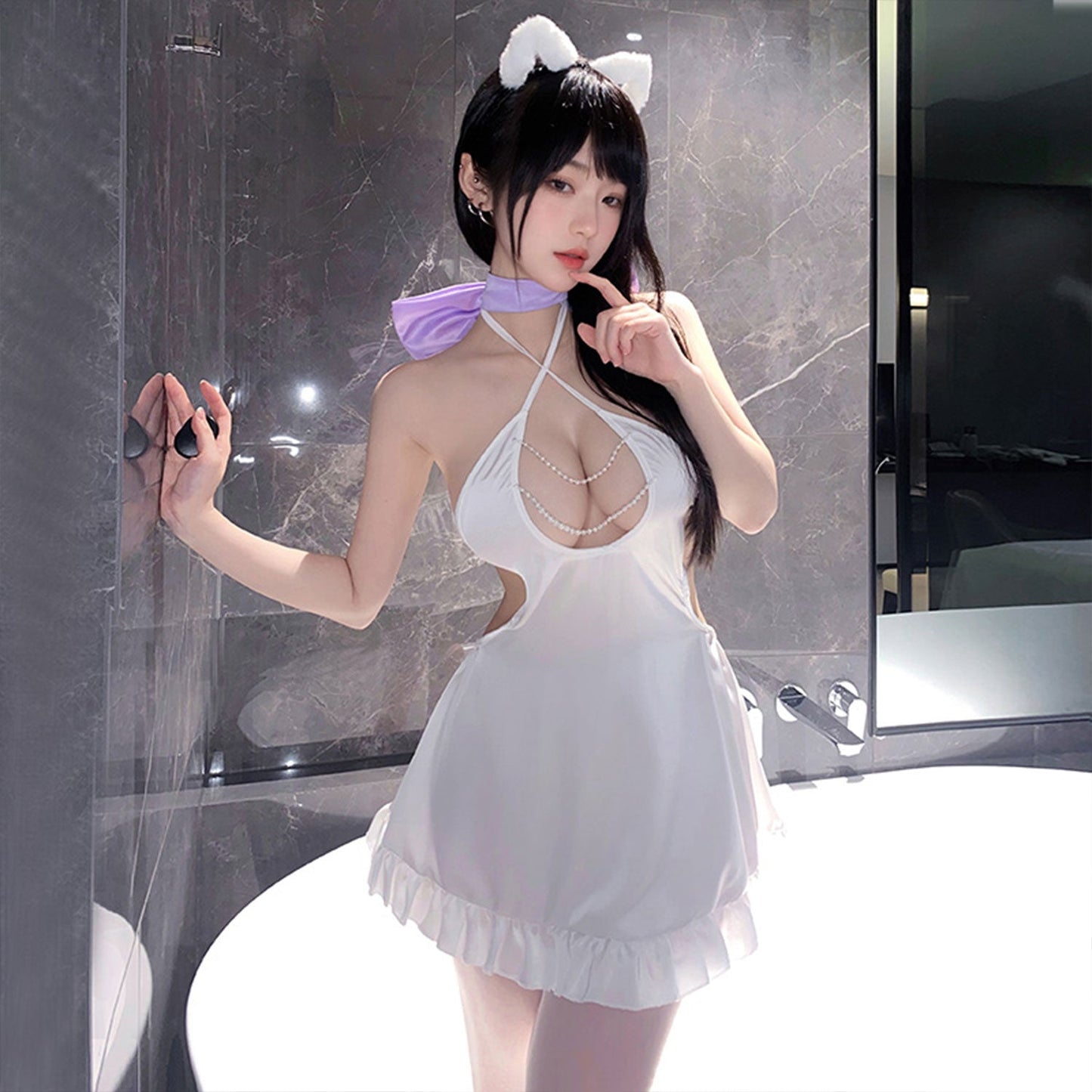 Fee Et Moi - Flirty Pearl Elegance Cut-Out Lingerie Night Dress White