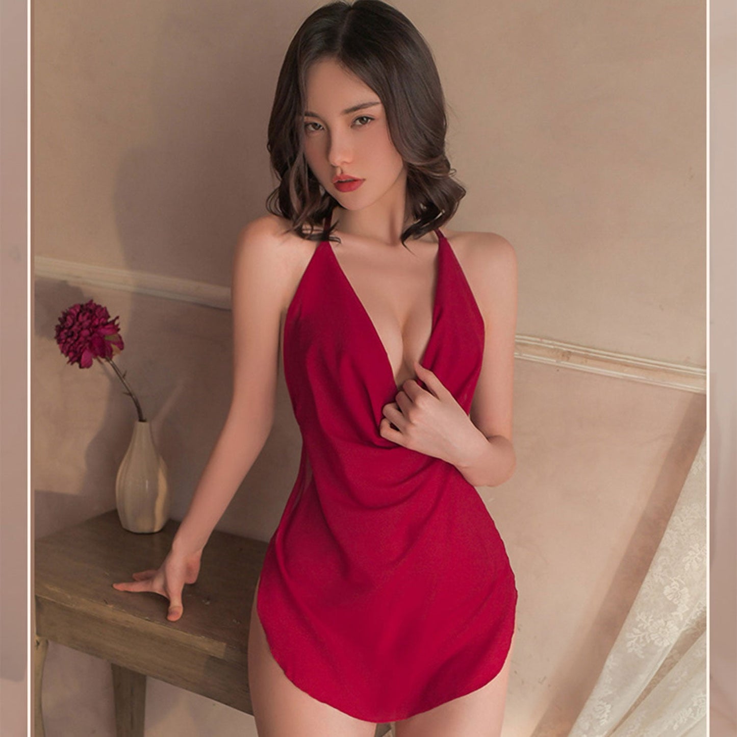 Fee Et Moi - Pure Temptation Sexy Halter Open Back with Matching Panty Burgundy One Size