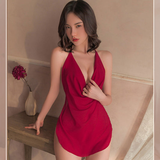 Fee Et Moi - Pure Temptation Sexy Halter Open Back with Matching Panty Burgundy One Size