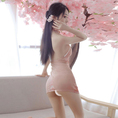Fee Et Moi - Set Lingeri Cheongsam Jarang Halter Berkelas Warna Merah Jambu