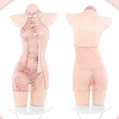 Fee Et Moi - Set Lingeri Cheongsam Jarang Halter Berkelas Warna Merah Jambu