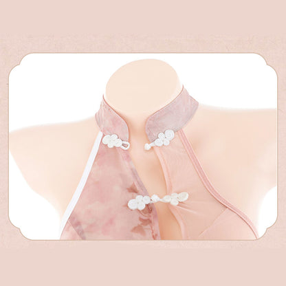 Fee Et Moi - Set Lingeri Cheongsam Jarang Halter Berkelas Warna Merah Jambu
