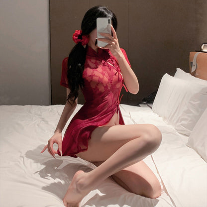 Fee Et Moi - Lingeri Cheongsam Renda Bunga Jarang Kelas Tinggi Merah Wain