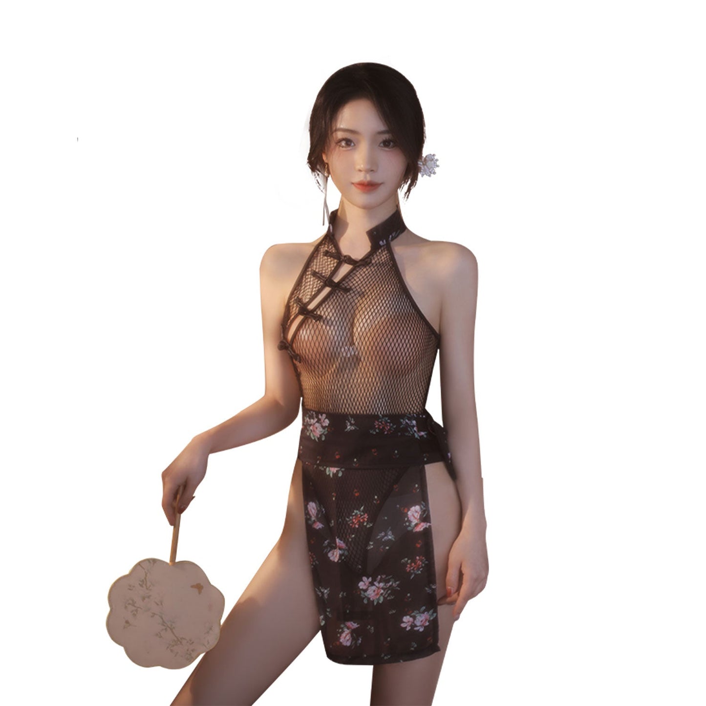 Fee Et Moi - Open Crotch Net Classic Cheongsam Bodysuit with Floral Skirt Lingerie