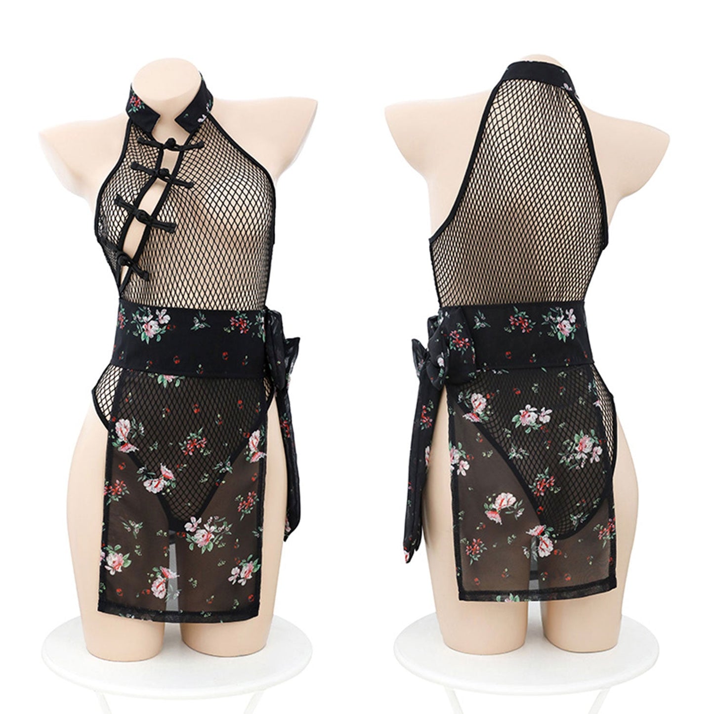Fee Et Moi - Open Crotch Net Classic Cheongsam Bodysuit with Floral Skirt Lingerie
