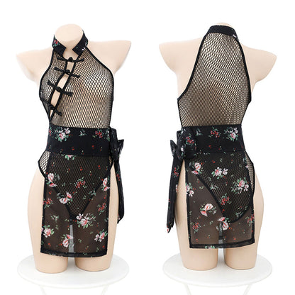 Fee Et Moi - Open Crotch Net Classic Cheongsam Bodysuit with Floral Skirt Lingerie