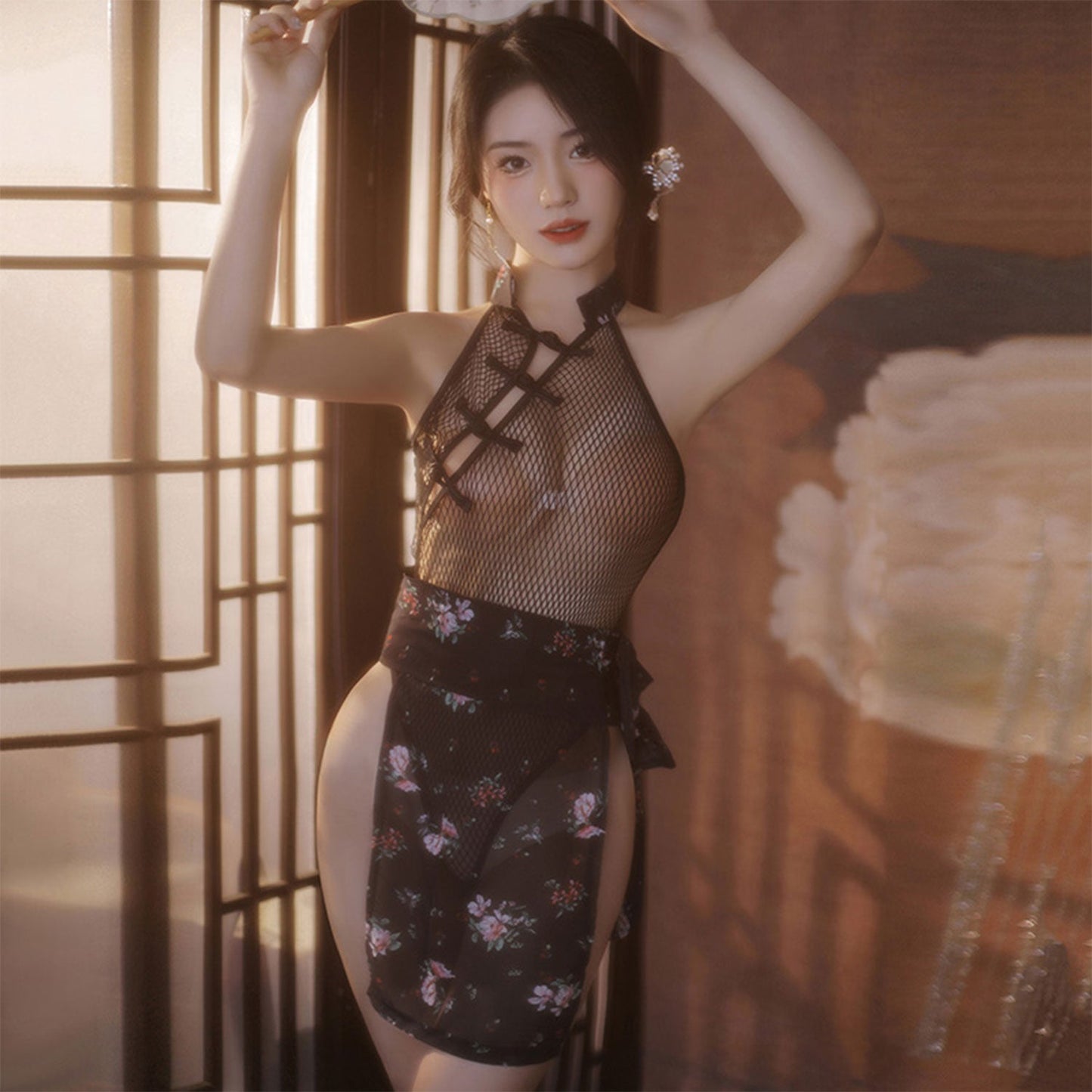Fee Et Moi - Open Crotch Net Classic Cheongsam Bodysuit with Floral Skirt Lingerie