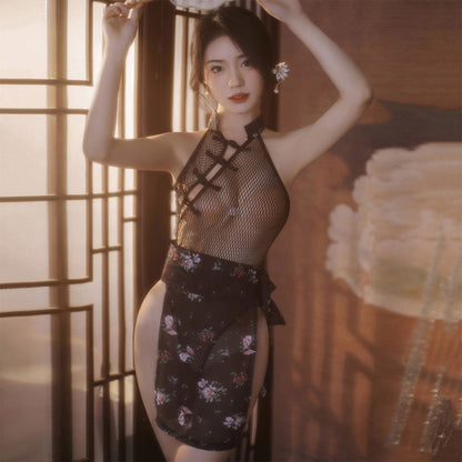 Fee Et Moi - Open Crotch Net Classic Cheongsam Bodysuit with Floral Skirt Lingerie