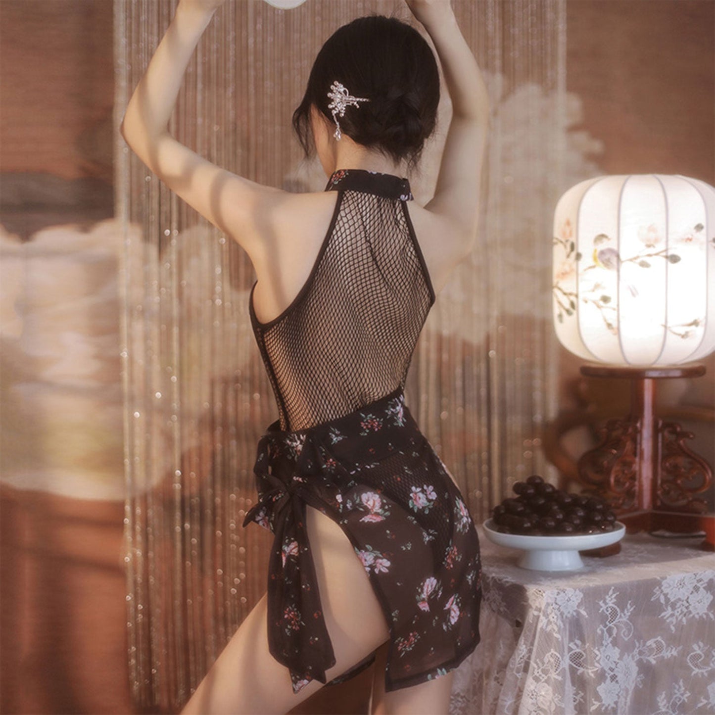Fee Et Moi - Open Crotch Net Classic Cheongsam Bodysuit with Floral Skirt Lingerie