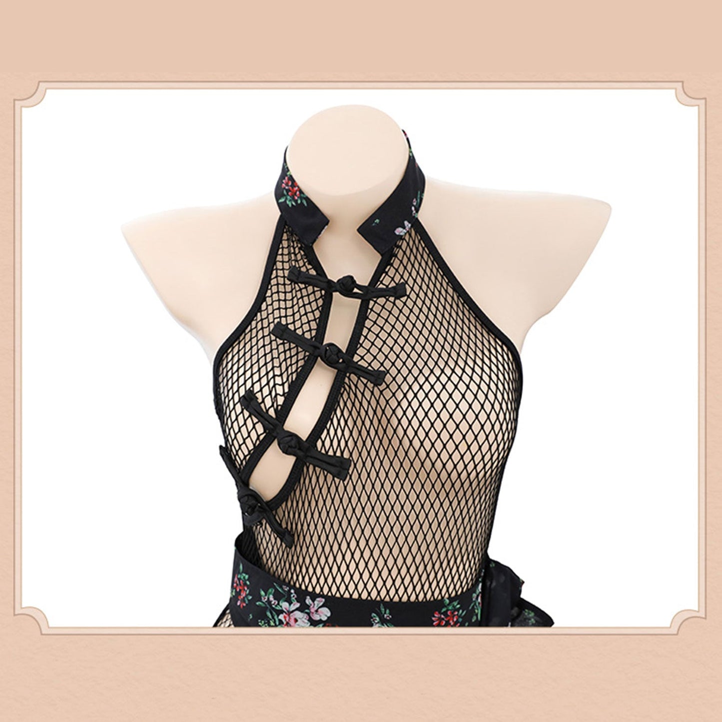 Fee Et Moi - Open Crotch Net Classic Cheongsam Bodysuit with Floral Skirt Lingerie