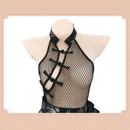 Fee Et Moi - Open Crotch Net Classic Cheongsam Bodysuit with Floral Skirt Lingerie