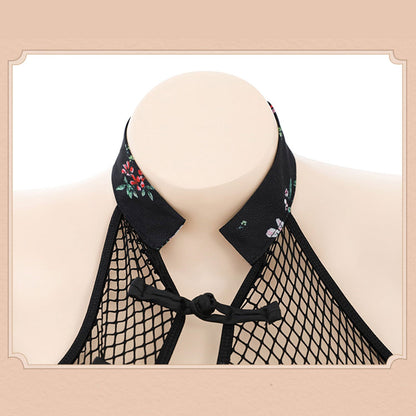 Fee Et Moi - Open Crotch Net Classic Cheongsam Bodysuit with Floral Skirt Lingerie