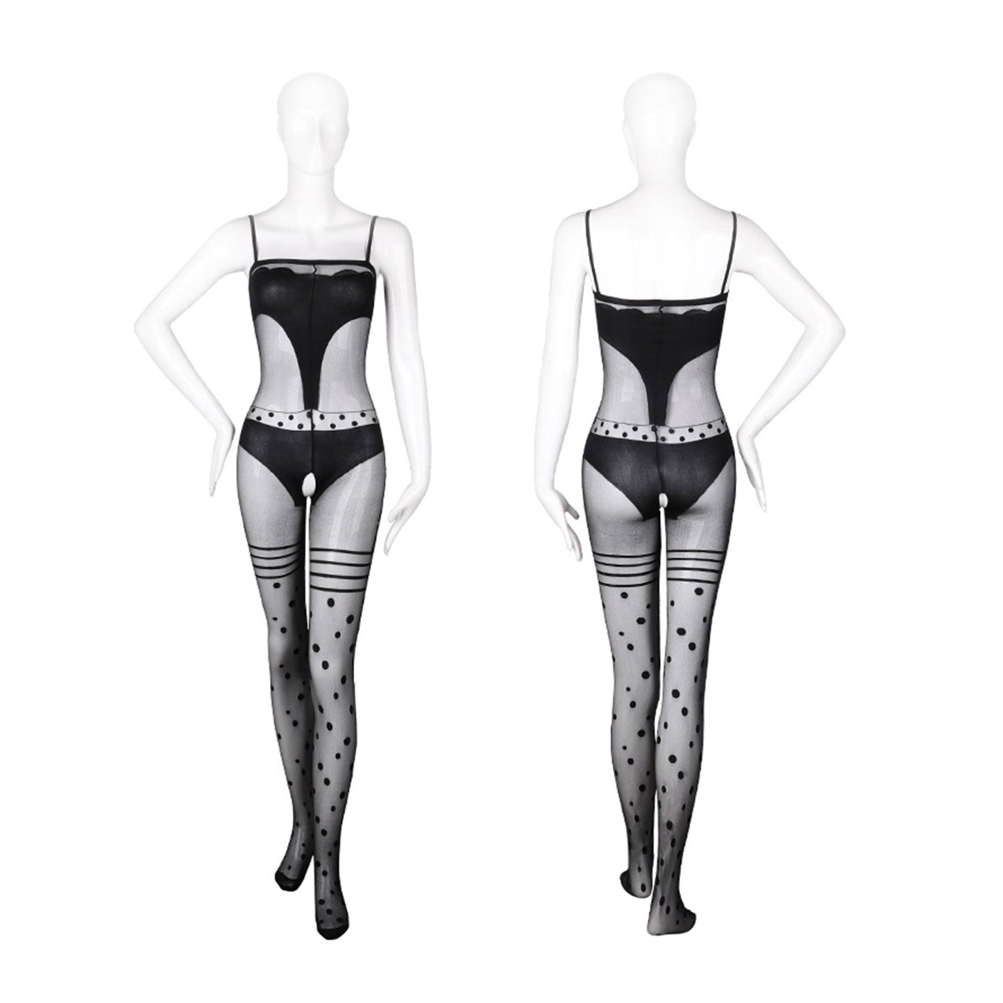Fee Et Moi - Polka-Dot Temptation Open Crotch Sheer Jumpsuit Black