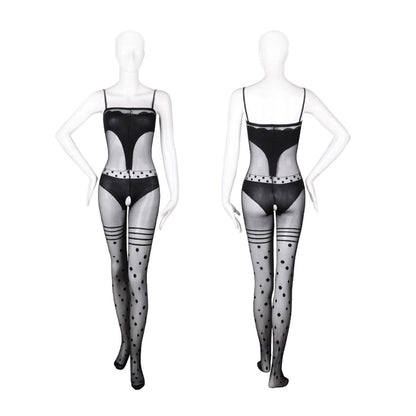 Fee Et Moi - Jumpsuit Jarang Kerawang Buka Cawat Polka-Dot Godaan Hitam