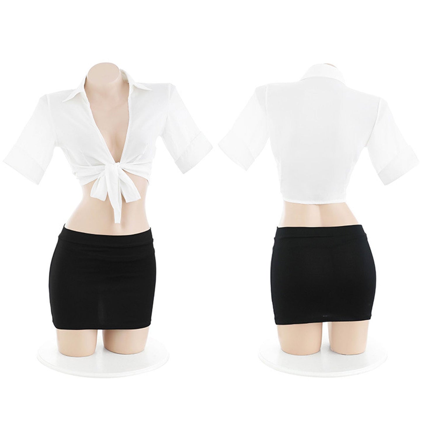 Fee Et Moi - Sexy Secretary Uniform Collared Tie-front Crop Top and Mini Skirt