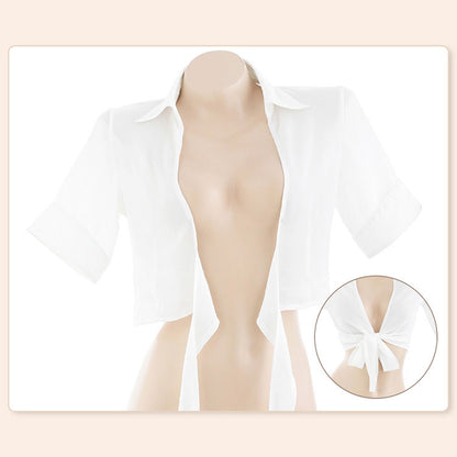 Fee Et Moi - Sexy Secretary Uniform Collared Tie-front Crop Top and Mini Skirt