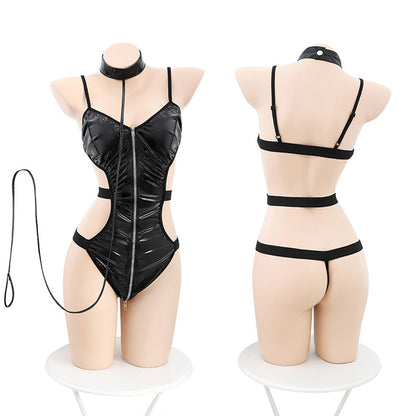 Fee Et Moi - Baju Badan Ketat Berjalur Bergaya Seksi Hitam Berkilat