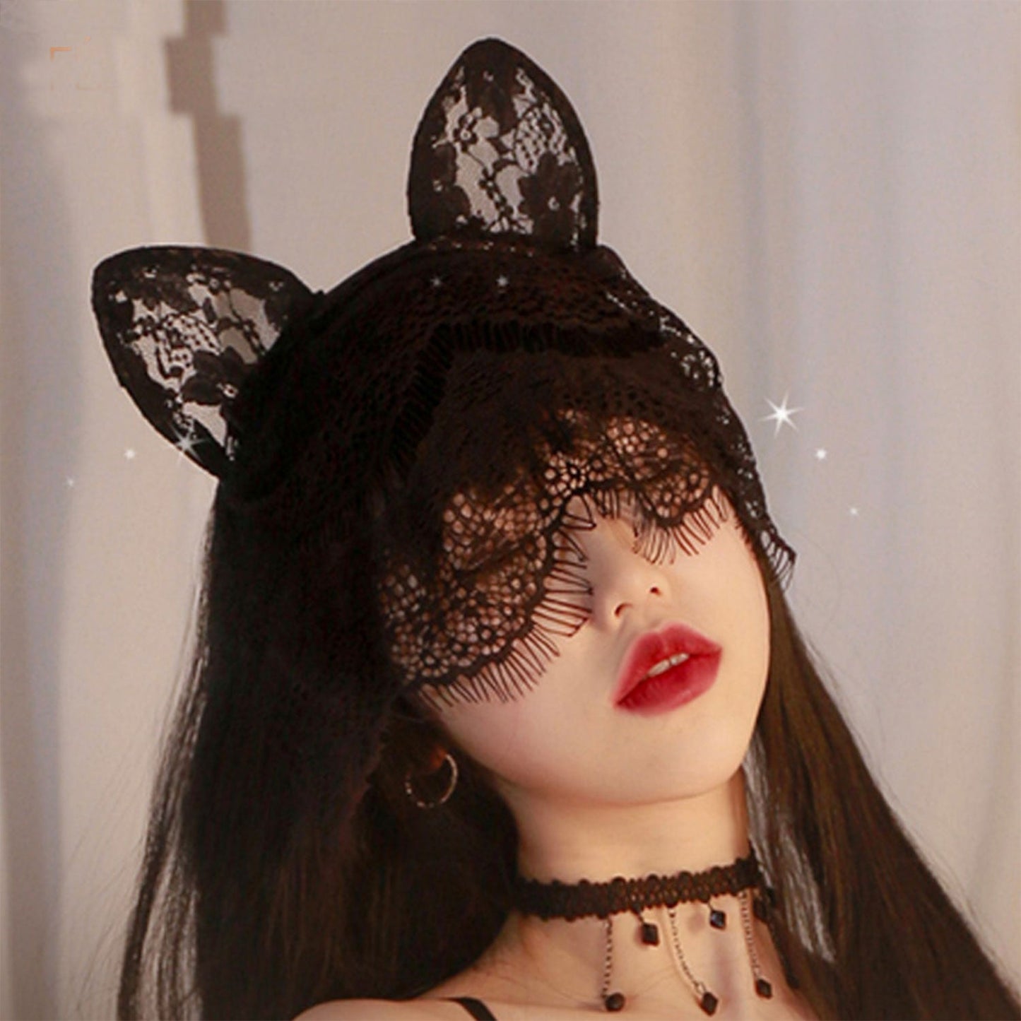 Fee Et Moi - Seductive Lace Cat Ears Veil Mask Black