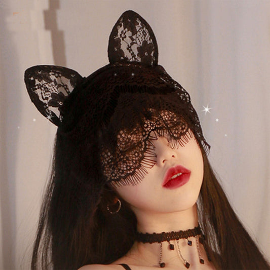 Fee Et Moi - Seductive Lace Cat Ears Veil Mask Black