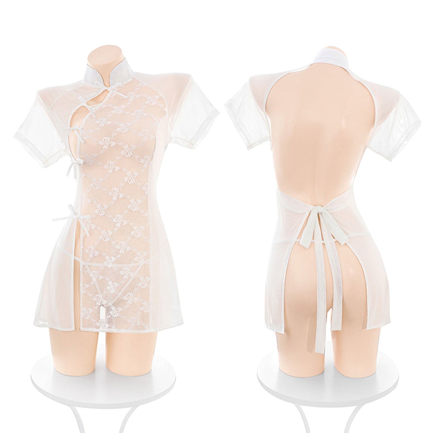 Fee Et Moi - Classy Sheer Floral Lace White Cheongsam Lingerie One Size