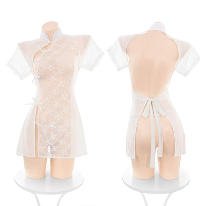 Fee Et Moi - Lingerie Cheongsam Putih Renda Bunga Jarang Bergaya Saiz Percuma
