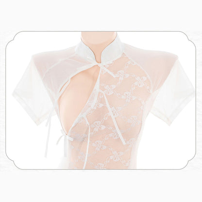 Fee Et Moi - Lingerie Cheongsam Putih Renda Bunga Jarang Bergaya Saiz Percuma