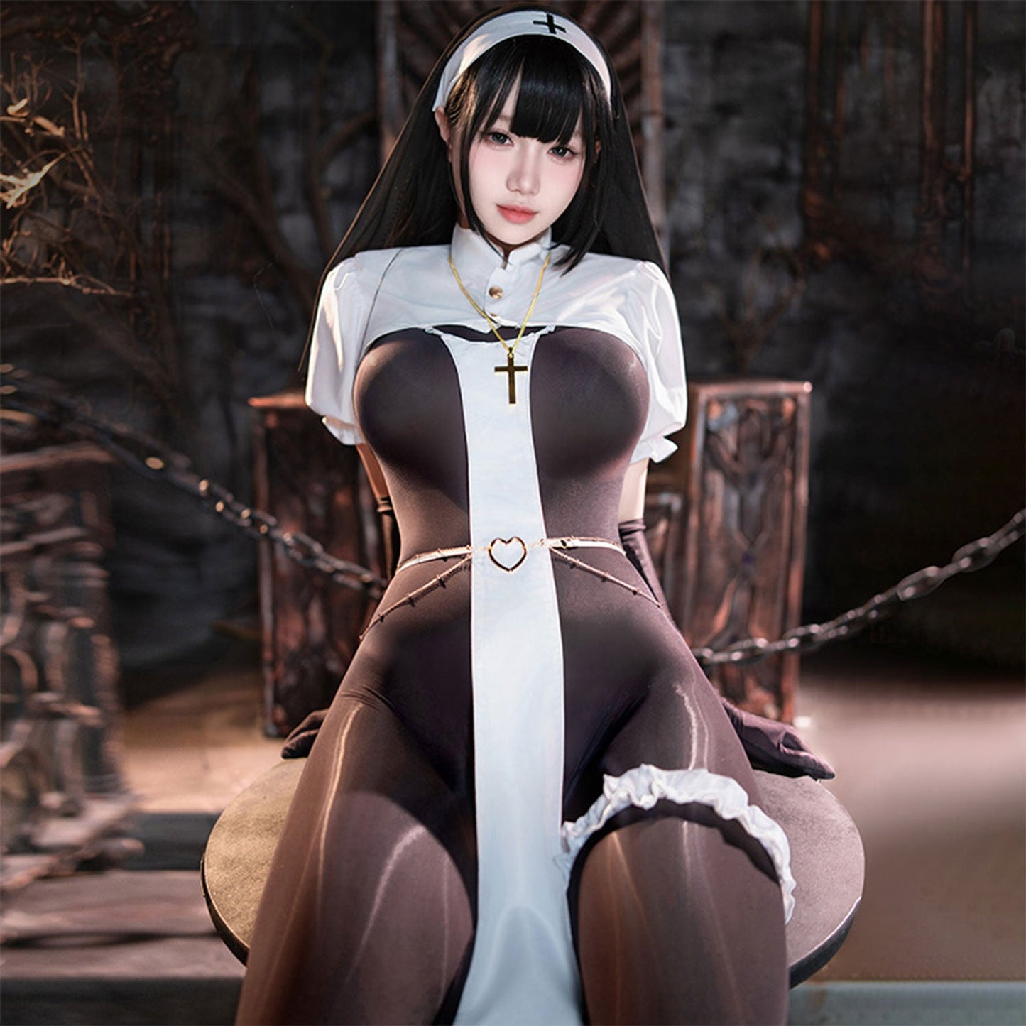 Fee Et Moi - Sinfully Seductive Crotchless Nun Lingerie Set One Size