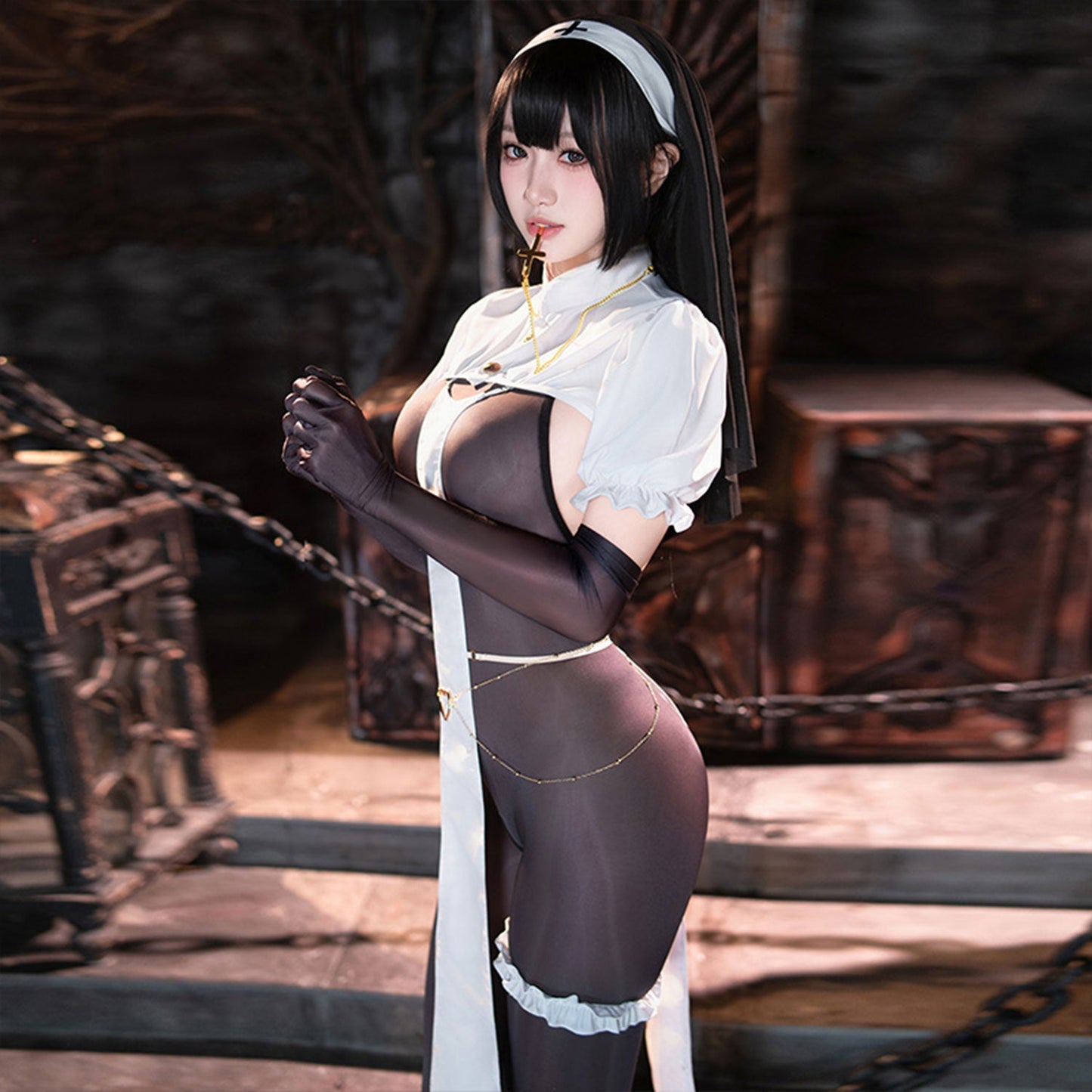 Fee Et Moi - Sinfully Seductive Crotchless Nun Lingerie Set One Size