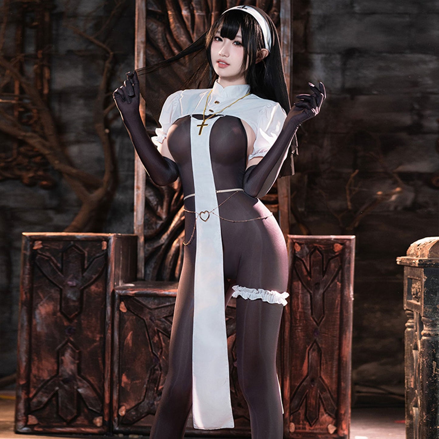 Fee Et Moi - Sinfully Seductive Crotchless Nun Lingerie Set One Size