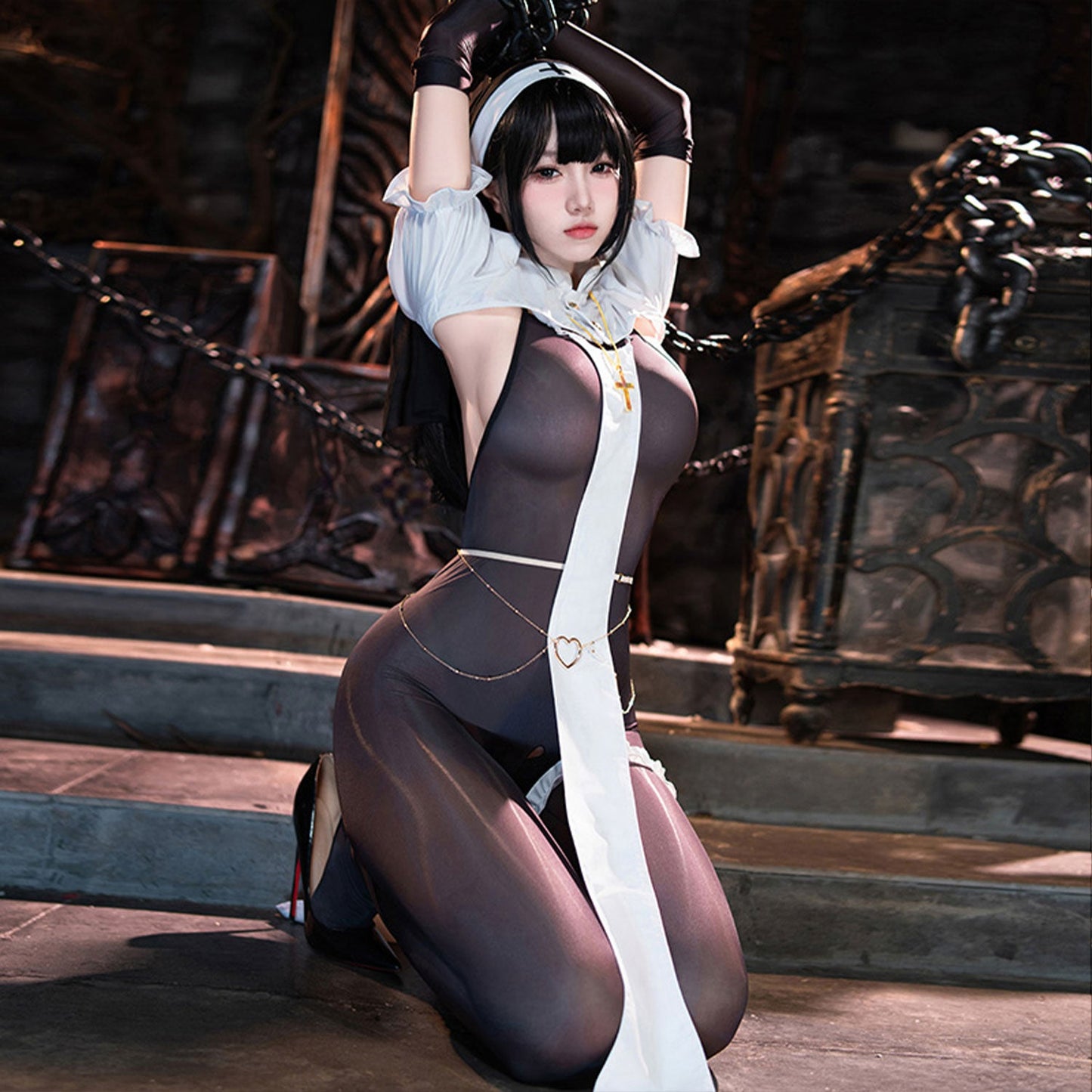 Fee Et Moi - Sinfully Seductive Crotchless Nun Lingerie Set One Size