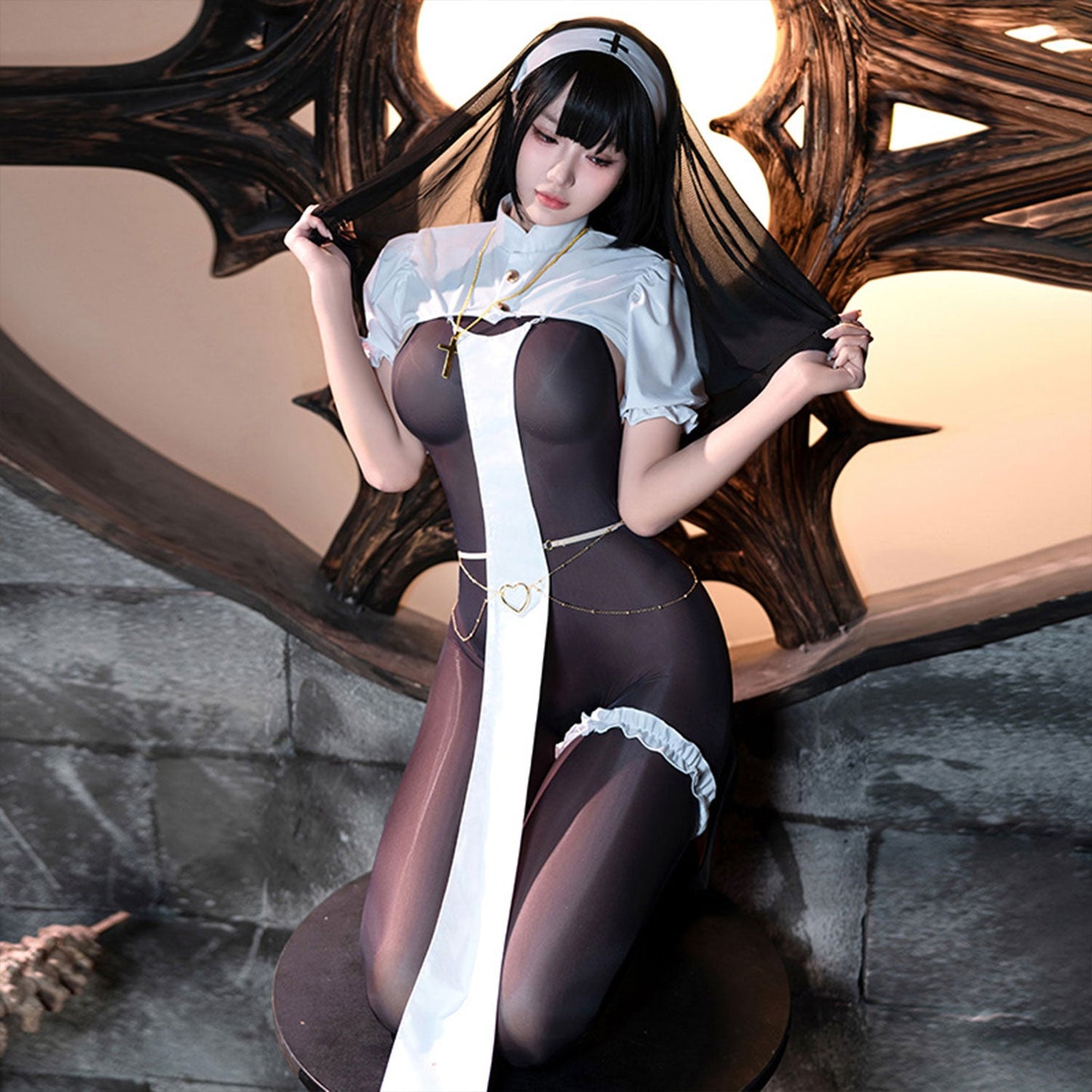 Fee Et Moi - Sinfully Seductive Crotchless Nun Lingerie Set One Size