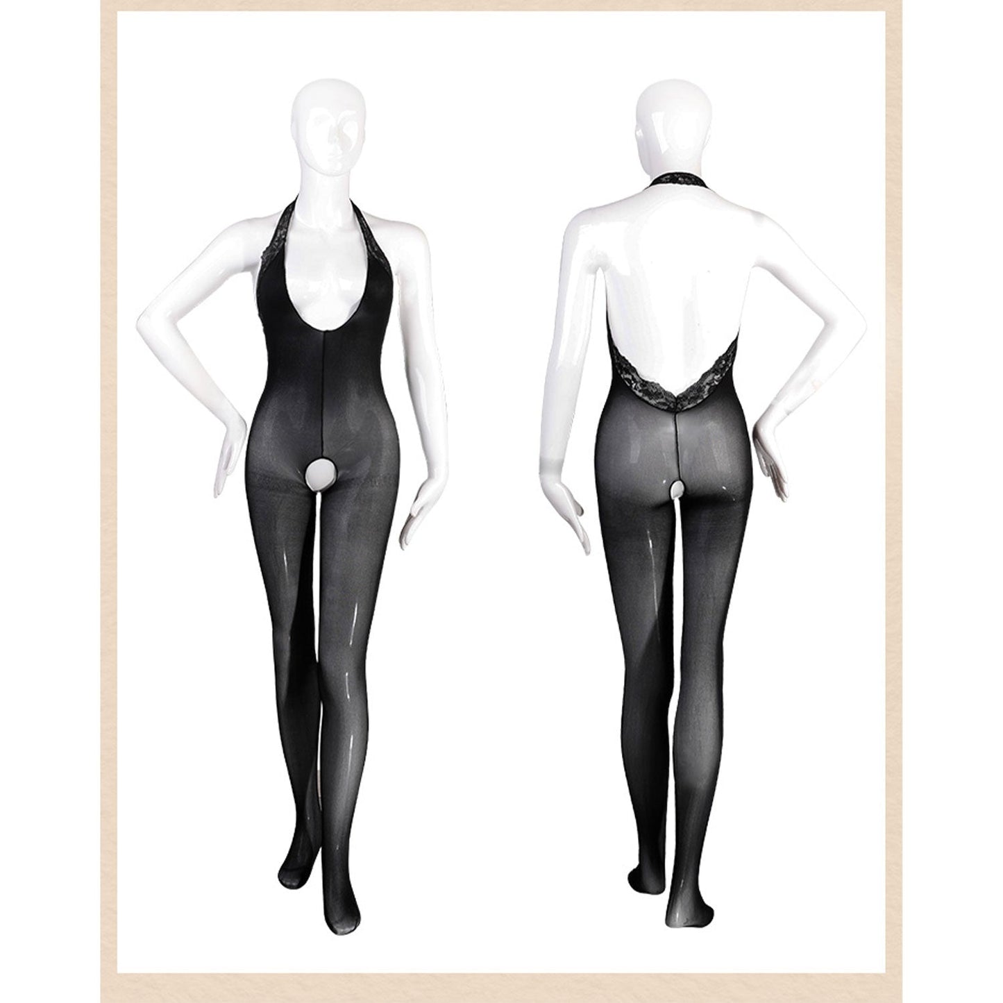 Fee Et Moi - Sultry Deep Plunging Halter Neckline Sheer Crotchless Bodysuit