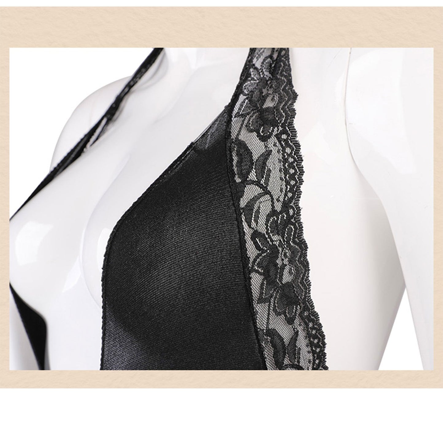 Fee Et Moi - Sultry Deep Plunging Halter Neckline Sheer Crotchless Bodysuit