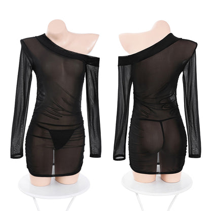Fee Et Moi - Gaun Mini Satu Bahu Jaring Sheer Menggoda Hitam