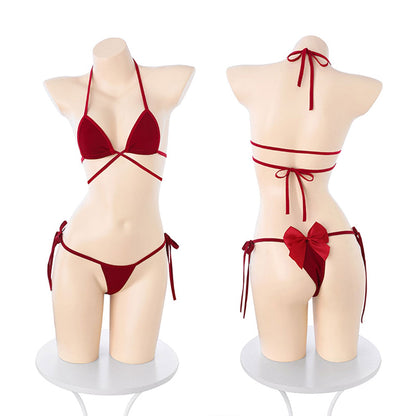 Set Bikini Segi Tiga Ikatan Fee Et Moi Sultry dengan Aksen Reben Menggoda Merah