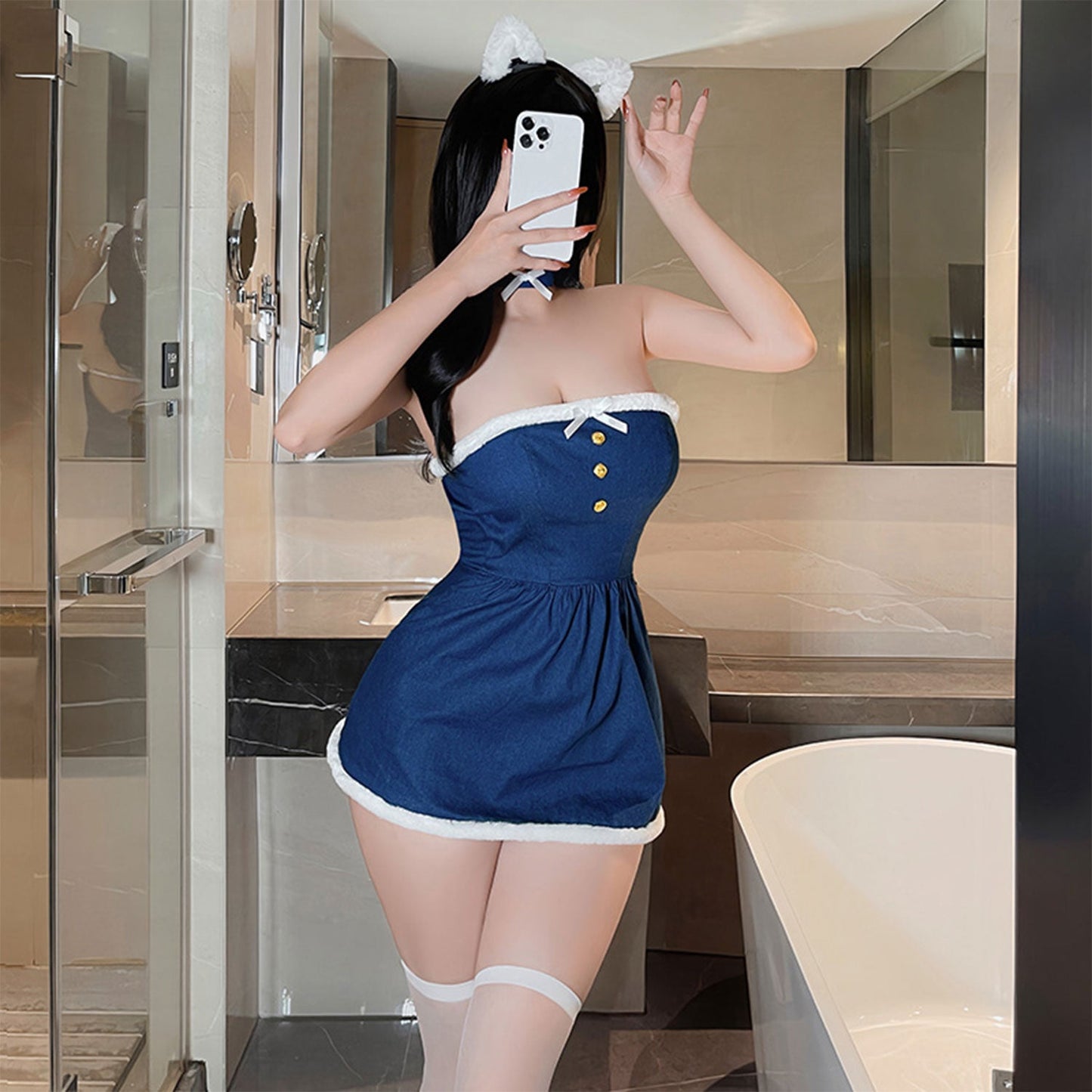 Fee Et Moi - Playful Velvet Denim Tube Mini Dress with Choker