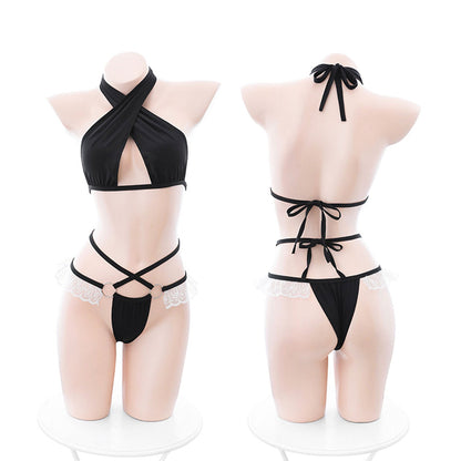 Fee Et Moi - Set Bra Gaya Tiga Titik Depan Terbuka Halter Pilin Putih