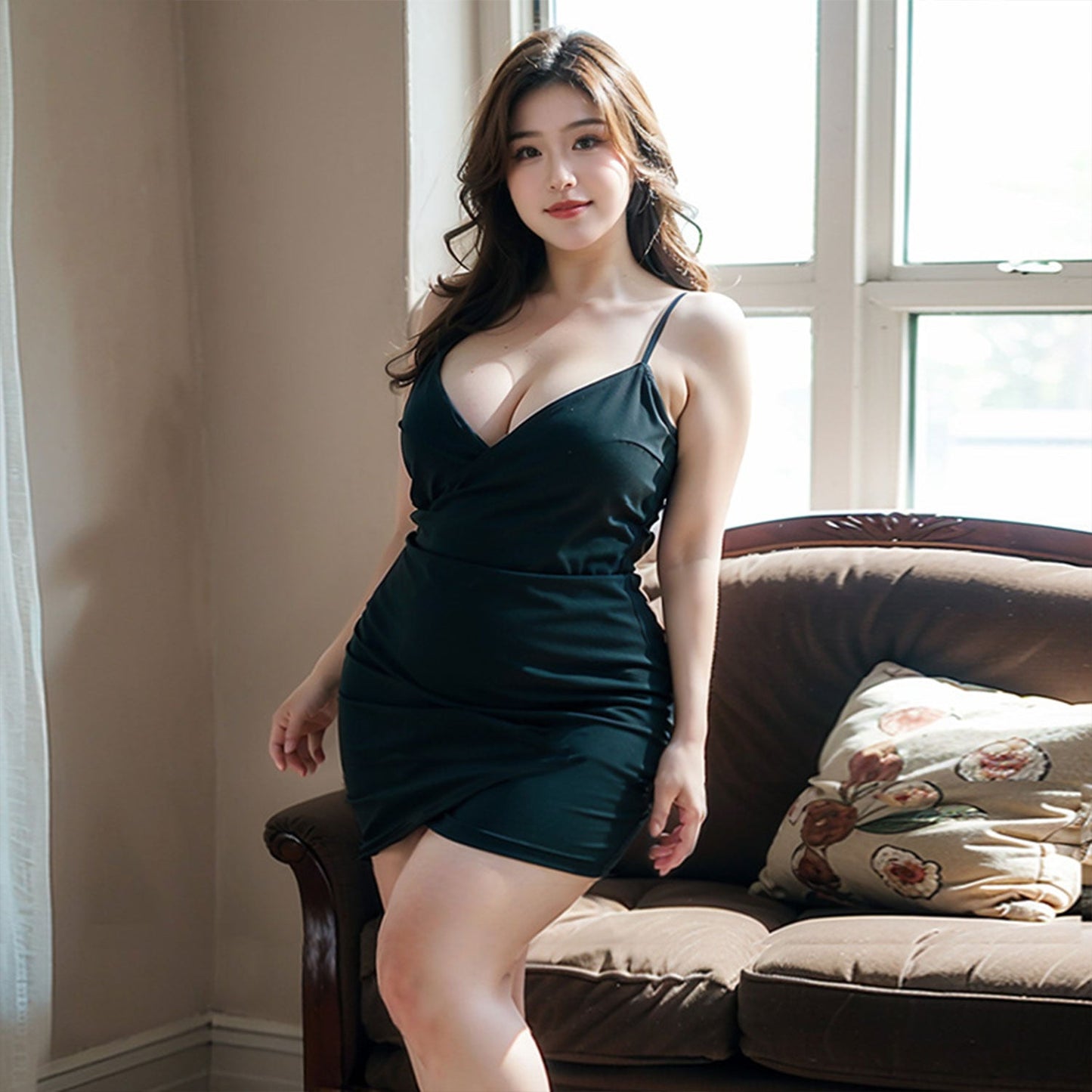 Fee Et Moi - Sultry Draped V-Neck Slip Black Nightdress with Adjustable Straps XL