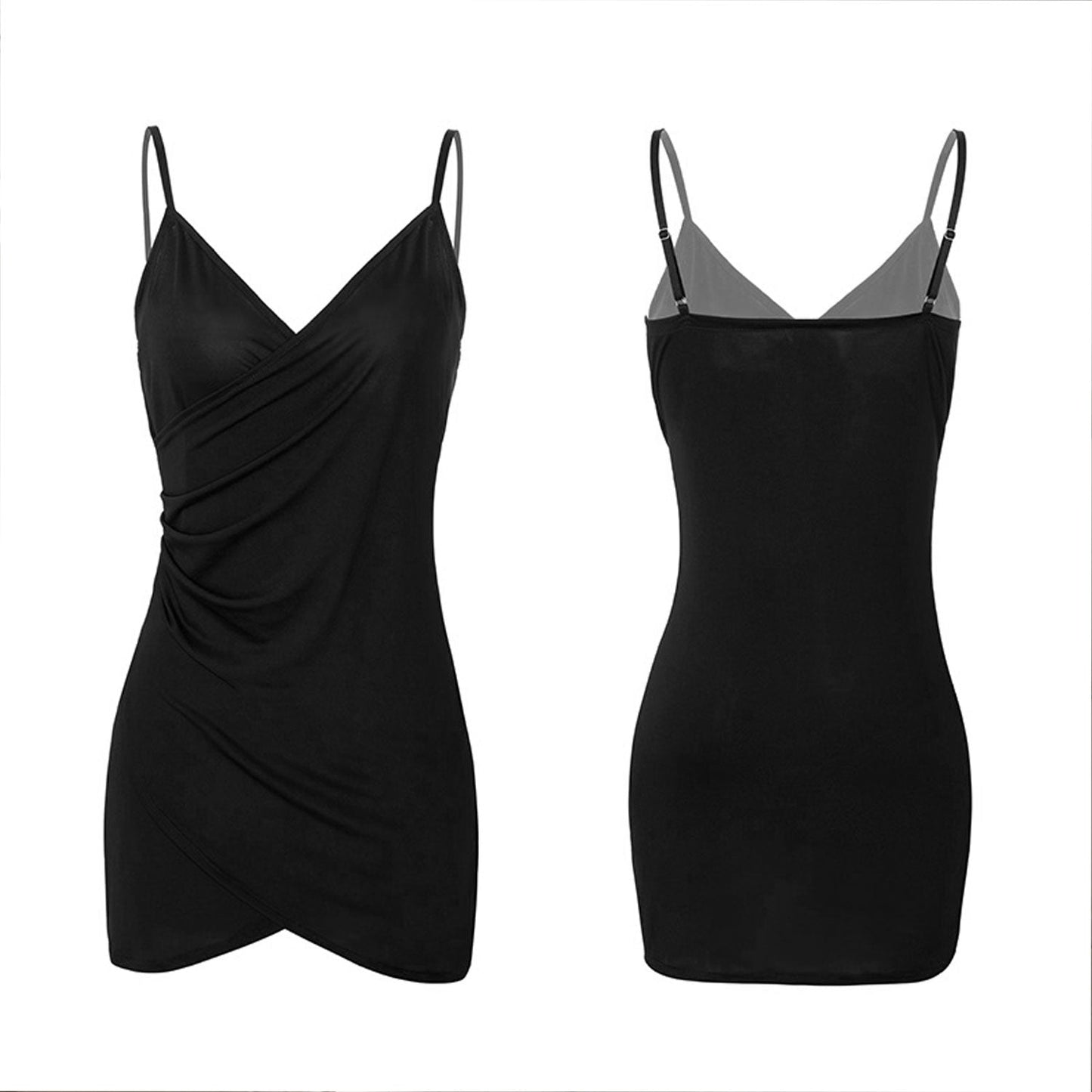 Fee Et Moi - Sultry Draped V-Neck Slip Black Nightdress with Adjustable Straps XL