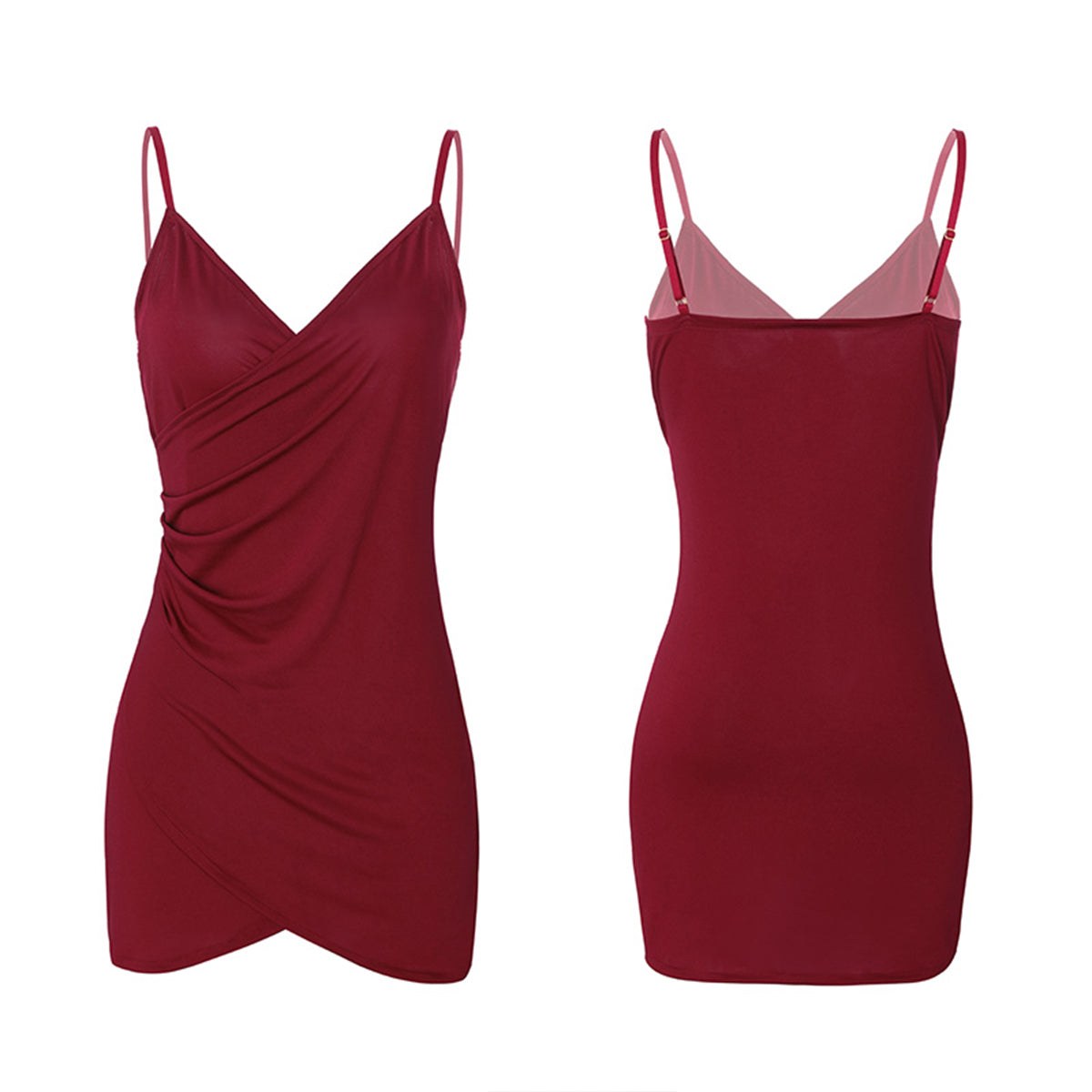 Fee Et Moi – Deep V-Neck Ruched Slip Nightdress Wine Red One Size